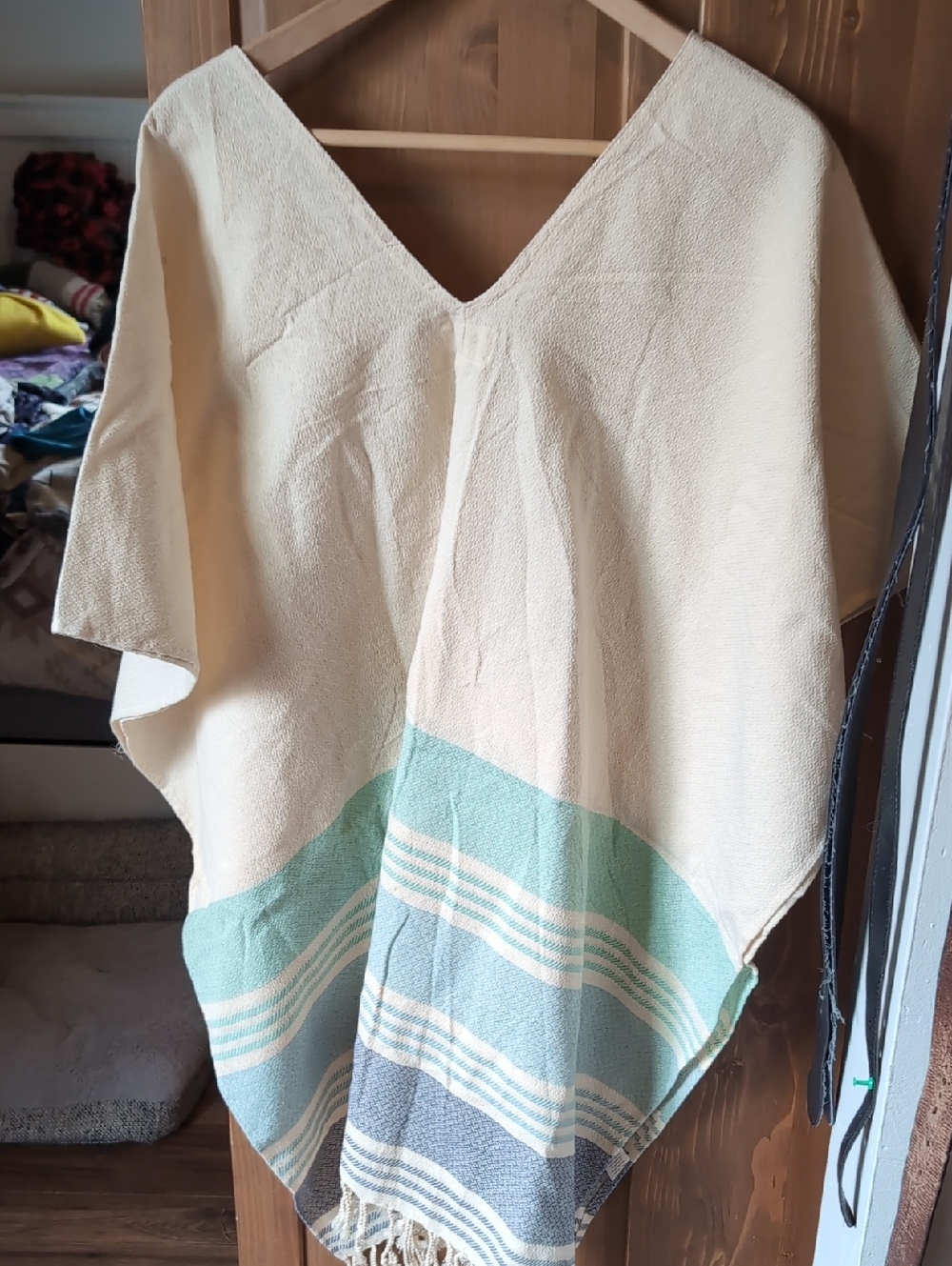 tribe alive Cream Tunic Poncho with Aqua & Gray Stripe Hem